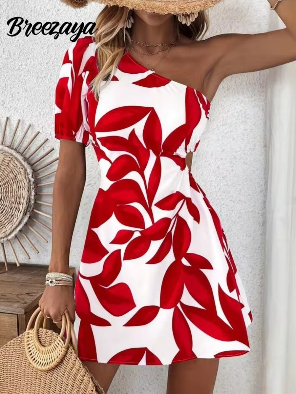 NWOT Women’s White and Red Leaf-Print One-Shoulder Dress Size M